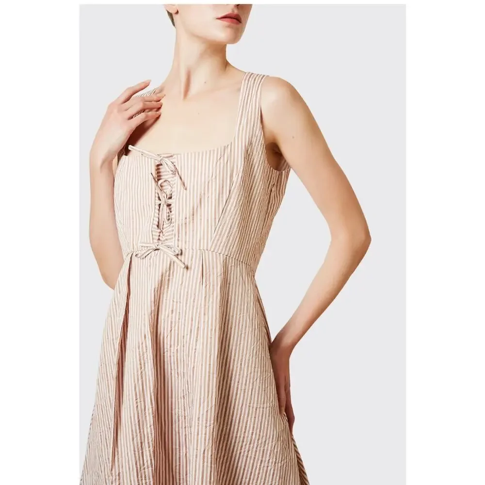 Thierry Colson Winifred Tie Front Midi Dress Cream & Tan Striped Cotton sz M - Picture 13 of 14